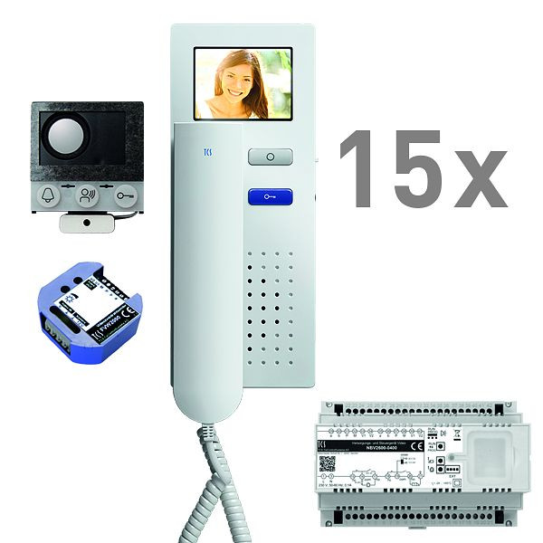 TCS video Einbau Briefkasten, 15 Wohneinheiten, Einbaulautsprecher ASI12000 + 15x Türtelefon IVH3222, Steuergerät + Videozweidrahtsender, PVIH150/001