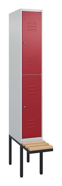 C+P Doppelstöckiger Spind Classic PLUS, 2120x300x815mm, 7035/3003, Zylinderschlösser, Sitzleisten aus Buche, schwebende Sitzfläche, 0803407-10 S10091