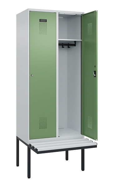C+P Spind Evolo PLUS, 2 Abteile, 2120x800x815mm, 7035/6011, Haken 4, Zylinderschloss, Material Sitzfläche Kunststoff, 0490407-22 S10091