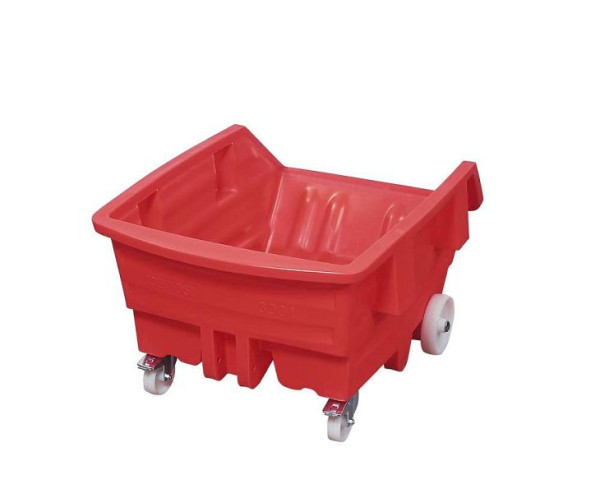 DENIOS Kippwagen aus Polyethylen (PE), mit Rollen, 750 Liter Volumen, rot, 153563