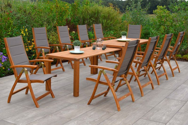 Merxx Acapulco Set 11-teilig, 10 Acapulco Klappsessel, gepadded, Rückenlehne 5-fach vestellbar, 1 Flex Ausziehtisch, 185/370 x 90/73 cm, 50554-309