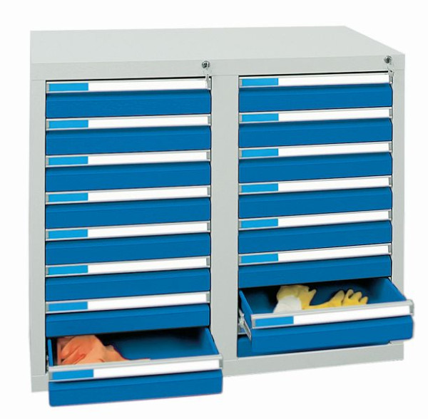 stumpf Schubladenschrank, Breite 100 cm, 100 % Teleskopauszüge, 75 kg / Schublade, Alu-Griffleisten, 16 Schubladen, lichtgrau / lichtblau, 7602178