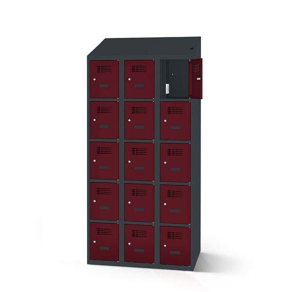 Rotstahl Fächerschrank, 15 Fächer, Stollenfüße, mit Ladefunktion, Schrägdach, Korpus: anthrazitgrau, Türen: weinrot, 2180-030500-0902112-7016-3005