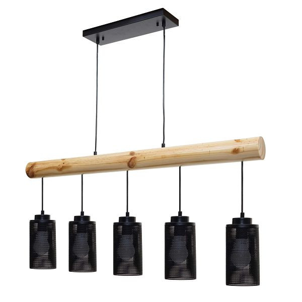 Mendler Pendelleuchte HWC-H83, Hängelampe Hängeleuchte, Industrial Vintage Massiv-Holz Metall schwarz, 5 Rohrlampenschirme, 74215