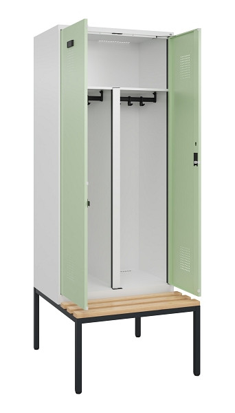 C+P PSA Doppel-Spind Evolo PLUS, Bank, 2 Abteile, 2120x800x815mm, 9016/6019, Zylinderschloss, Sitzfläche Buche-Hartholz, Sitzbank, 0490527-22P S10046