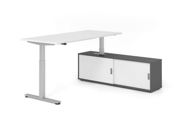 Hammerbacher Schreibtisch XMST19, 180x80cm, Platte: Weiß, T-Fuß Gestell Silber, Höhe: 71 - 120 cm, Graphit / Weiß, VXMST19SB/W/S/G/W