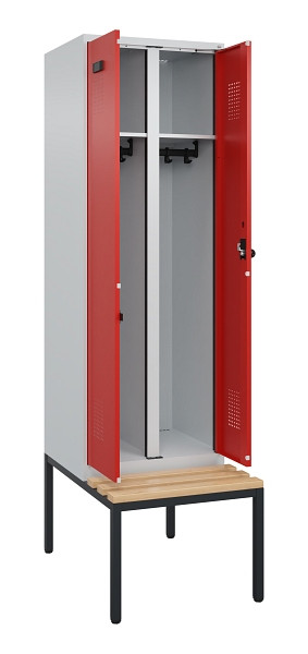 C+P Schwarz-Weiß-Spind Evolo PLUS, Bank, 2 Abteile, 2120x600x815mm, 7035/3020, Drehriegel, Sitzfläche Buche-Hartholz, Sitzbank, 0490527-20 S10005