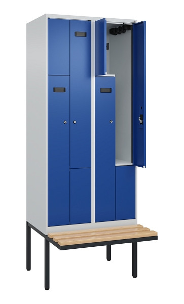 C+P Z-Spind Evolo PLUS, Bank, 4 Fächer, 2120x800x815mm, 7035/5010, Zylinderschloss, Sitzfläche Holz, 0490437-224 S10037