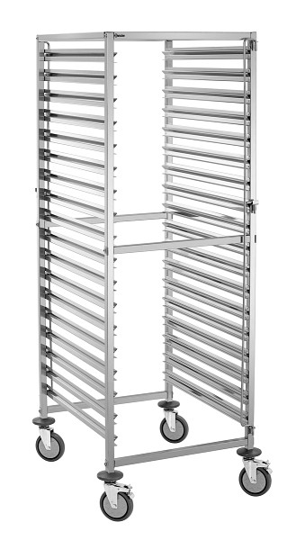Bartscher Regalwagen 18GN2/1, Eigenschaften: Je eine Behältersicherung an Vorder- und Rückseite, Rahmen aus Vierkantrohr 26 x 26 mm, 300196