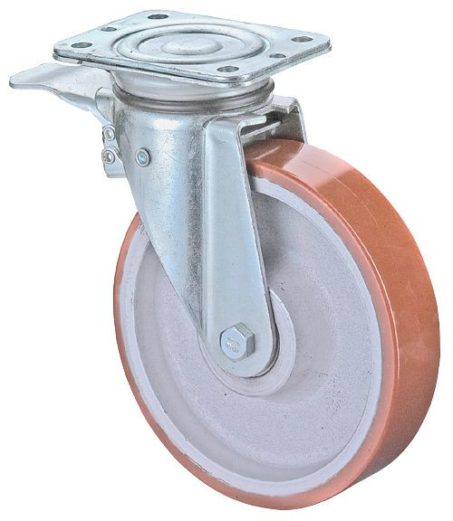 BS Rollen Schwerlastrolle mit Feststeller, Breite 40 mm, Ø150 mm, bis 450 kg, Guss-Polyurethan 95 Shore A, Radkörper Guss, Kugellager, N120.C10.152