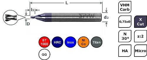 SPPW Micro-Bohrnutenfräser VHM+X.Cut 0,75xØ L: 39x0,60 z:2 d3 Ø0,80, 6785110080