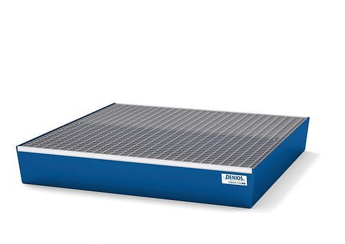 DENIOS Auffangwanne classic-line für 4 Fässer, Stahl blau lackiert, mit Gitterrost, H 190 mm, 259318