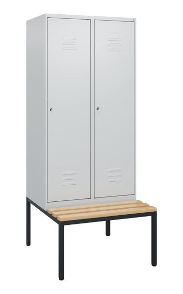 C+P Umkleidespind Classic PLUS, mit untergebauter Sitzbank, 2 Abteile, 1950x800x815mm, 7035/7035, Zylinderschlösser, Buche-Sitzleisten, 0800505-22 S10024