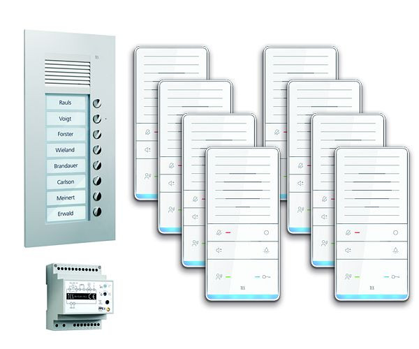 TCS Türkontrollsystem audio:pack UP für 8 Wohneinheiten, mit Außenstation PUK 8 Klingeltasten, 8x Freisprecher ISW5031, Steuergerät BVS20, PAUF081/001
