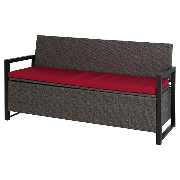 Mendler Poly-Rattan 3er Sitzbank HWC-F39, Gartenbank Truhenbank, Staufach Aufbewahrung Sitzkissen, grau, Kissen bordeaux, 76591+76605