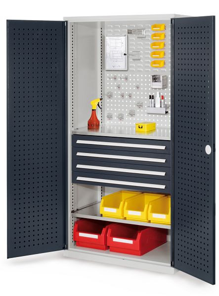 Kappes RasterPlan Schubladenschrank, Modell 13, RAL 7035/7016, Türinnenseite: Lochplatten, 1950 x 1000 x 600 mm, 4 Schubladen H 100 mm, 1460.03.3024