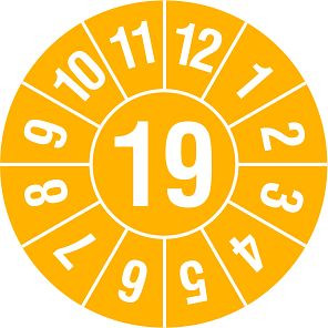 SafetyMarking Prüfplakette - mit Jahresfarbe, Jahreszahl: 18, Jahr der Prüfung: 19, Ø 2,5 cm, Folie, selbstklebend, VE: 15 Stück/Bogen, 30.3692-18