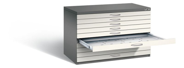 C+P Flachablageschrank Serie 7100_7200, H760xB1100xT765mm, Farbe: Vulkangrau / Perlweiß, Bügelgriff, 7101-000 S10261