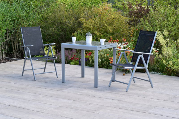 Merxx Amalfi Set 3-teilig, 2 Amalfi Klappsessel, Rückenlehne verstellbar, 1 Ausziehtisch 80 (120) x 70 cm, matte Glasplatte, Silber/schwarz, 50877-317