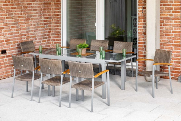 Merxx Silano Set 9-teilig, 8 Silano Stapelsessel, 1 Ausziehtisch 160 (220) x 90 cm, graue Tischplatte, silber/graubeige, FSC Akazienholz, 50387-258