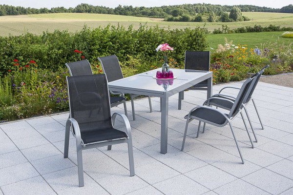 Merxx Amalfi Set 7-teilig, 6 Amalfi Stapelsessel, 1 Ausziehtisch 140 (200) x 90 cm, graue Glasplatte, silber/schwarz, 50340-317