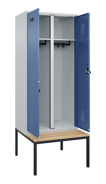 C+P Schwarz-Weiß-Spind Evolo PLUS, Bank, 2 Abteile, 2120x800x815mm, 7035/5023, Drehriegel, Sitzfläche Buche-Hartholz, Sitzbank, 0490527-22 S10008
