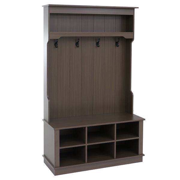 Mendler Garderobe HWC-P26, Flurgarderobe Holzgarderobe Sitzbank, 4 Haken Staufach Ablage Melamin 170x100x39cm, Walnuss-Optik, 118668+118669
