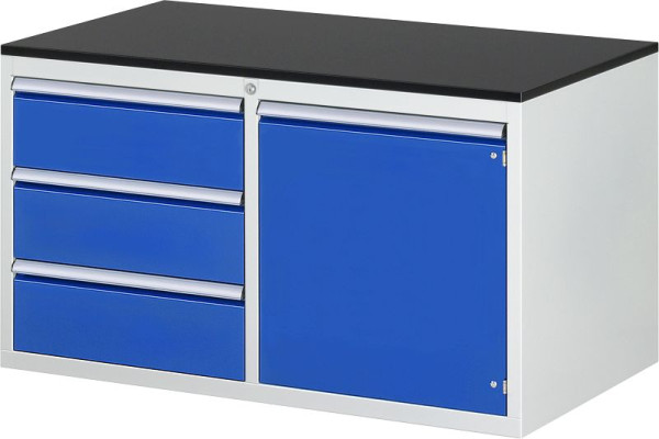 RAU Schubladenschrank Serie 7000, B1145xT650xH640mm, links: Schubladen: 3xH180mm, rechts: Flügeltür, Arbeitsplatte melaminharzbeschichtet, 03-LL3.0.8A-M.11