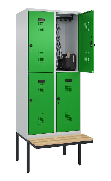 C+P Doppelstock-Spind Evolo PLUS, Bank, 4 Fächer, 2120x800x815mm, 7035/6037, Drehriegel, Sitzfläche Buche-Hartholz, 0493407-22 S10011