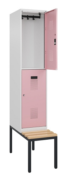 C+P Doppelstock-Spind Evolo PLUS, Bank, 2 Fächer, 2120x400x815mm, 9016/3015, Zylinderschloss, Sitzfläche Buche-Hartholz, Sitzbank, 0493507-12 S10045