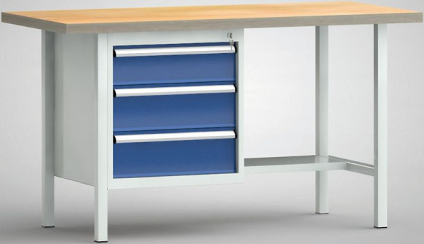 KLW Standard-Werkbank, 1500 x 700 x 840 mm, mit Buchen-Multiplexplatte, links: 150EA/175EA/175EA; rechts: Stahlblechablage, WS118N-1500M40-E1631
