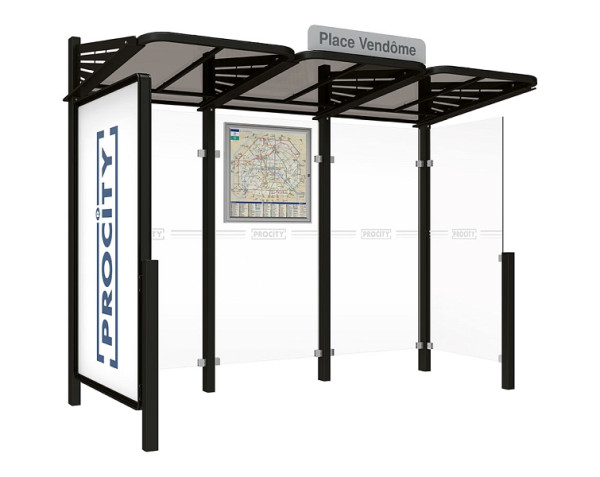 Procity Wartehalle Convi® - Standard - 1 Doppelseitiger Schaukasten "2000" Links + 1 Seitenverkleidung Rechts, Farbe RAL 9005, 529386.9005
