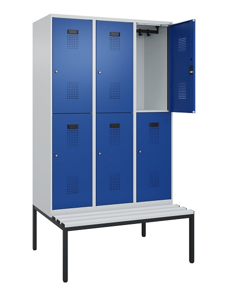 C+P Doppelstock-Spind Evolo PLUS, Bank, 6 Fächer, 2120x1200x815mm, 7035/5010, Zylinderschloss, Sitzfläche Kunststoff, Sitzbank, 0493507-32 S10114