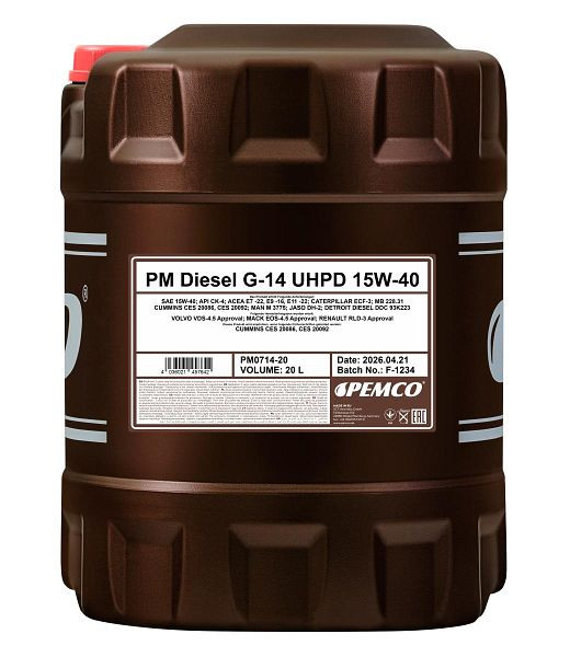 PEMCO Mehrbereichsöl 714 Diesel G-14 UHPD 15W-40, VE: 20 l, PM0714-20