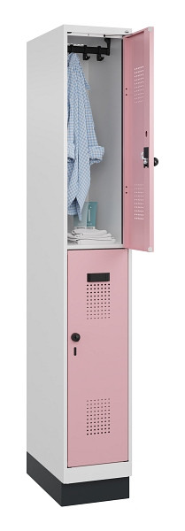 C+P Doppelstöckiger Spind Evolo PLUS, mit Sockel, 2 Fächer, 1950x300x500mm, 9016, Frontfarbe RAL 3015 Hellrosa, Drehriegel, 049320-10 S10018