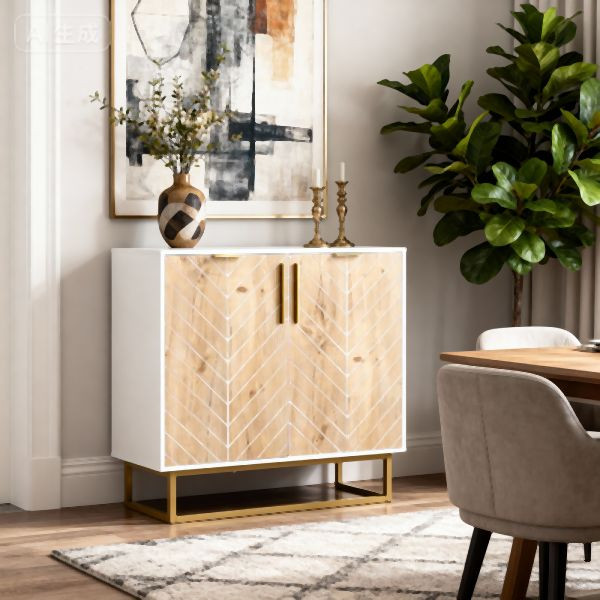 HOME NATURE WOHNKONZEPT Sideboard / Buffet Weiß & Holz 80x40x80cm, 2 Türen, 2 Einlegeböden, Metallfüße, Küchen- und Esszimmer Schrank, YQ0299