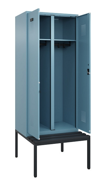 C+P Schwarz-Weiß-Spind Evolo PLUS, Bank, 2 Abteile, 2120x800x815mm, 0010/0010, Zylinderschloss, Sitzfläche Kunststoff, Sitzbank, 0490527-22 S10101
