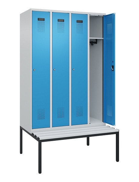 C+P Spind Evolo PLUS, 4 Abteile, 2120x1200x815mm, 7035/5012, Haken 3, Zylinderschloss, Sitzfläche Kunststoff, Sitzbank, 0490507-40 S10088