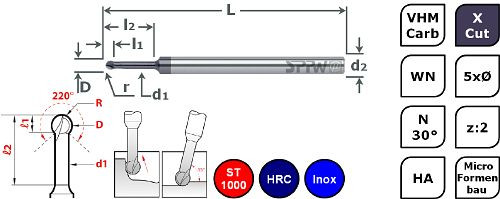 SPPW Micro-Kugelfräser VHM+X.Cut 220° L: 75x3,4 z:2 d6 Ø5,0x25F, 6785220500
