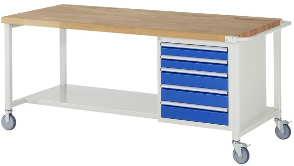 RAU Fahrbare Werkbank 8000 - Modell 8171, B2000 x T900 x H880-1080 mm, Systemunterbau B1995 x T850 mm, 5 Schubladen, 05-8171A6-209B4H.11