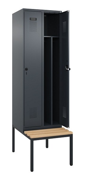 C+P Spind Evolo PLUS, 2 Abteile, 2120x600x815mm, 7016/7016, Drehriegel, Sitzfläche Buche-Hartholz, Sitzbank, 0490507-20F S10016