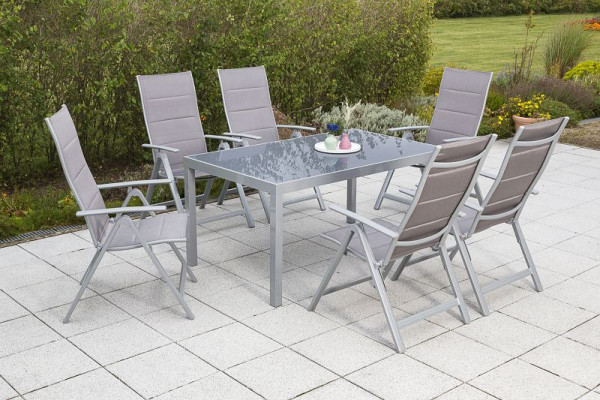 Merxx Taviano Set 7-teilig, 6 Klappsessel, Rückenlehne 5-fach verstellbar, gepadded, 1 Tisch, 150 x 90 cm, silber/diamantbraun, 50265-330