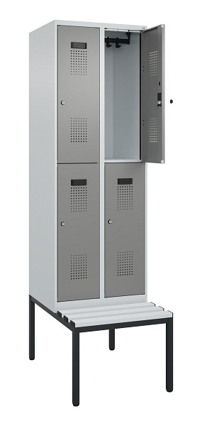 C+P Doppelstock-Spind Evolo PLUS, Bank, 4 Fächer, 2120x600x815mm, 7035/0004, Zylinderschloss, Sitzfläche Kunststoff, Sitzbank, 0493507-20 S10122
