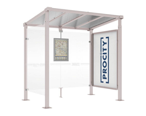 Procity Wartehalle Milano - 1 Schaukasten 2000 + 1 Seitenverkleidung, Farbe RAL 7044, Maße: Breite 2500 x Höhe 2545 x Tiefe 1824 mm, 529246.7044
