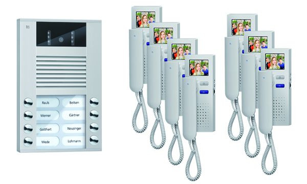 TCS Türkontrollsystem video:pack AP für 7 Wohneinheiten, mit Außenstation AVE 8 Klingeltasten, 7x Video Türtelefon IVH3222, Steuerung, PVE1570-0010