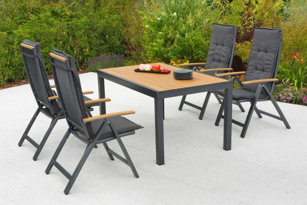 Merxx Itanos Set 9-teilig, 4 Klappsessel, 4 Auflagen uni grau, 1 Tisch 150 x 90cm, Tischplatte aus Kunststoff in realistischer Holzoptik, 50475-800