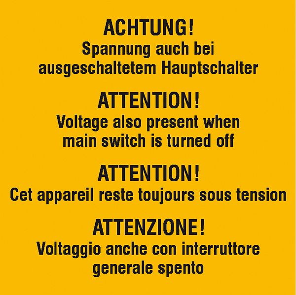 SafetyMarking Warn-Zusatzschild, Achtung Spannung auch bei ausgeschaltetem Hauptschalter, 4-sprachig (D/GB/F/I), 7,4x7,4 cm, Folie, selbstklebend, 21.0620