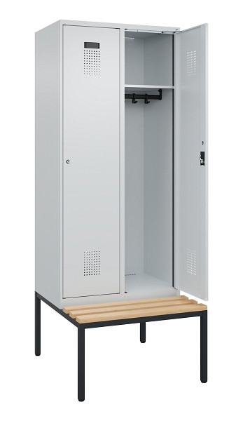 C+P Spind Evolo PLUS, 2 Abteile, 2120x800x815mm, 7035/7035, Haken 4, Zylinderschloss, Sitzfläche Buche-Hartholz, Sitzbank, 0490507-22 S10040