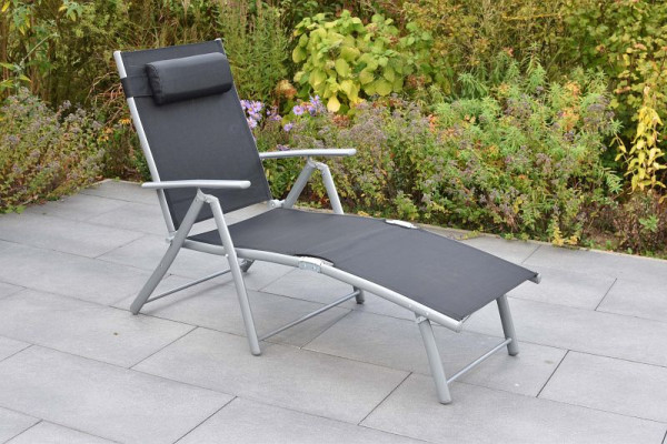 Merxx Deckchair inkl. Kopfkissen, schwarz, Rückenlehne 4-fach verstellbar, zusammenklappbar, Kopfkissen, Silber/schwarz, 51117-317