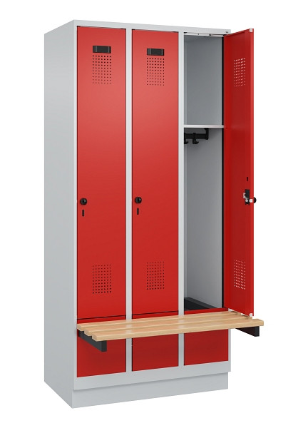C+P Spind Evolo PLUS, 3 Abteile, 1950x900x815mm, 7035/3020, Drehriegel, Sitzfläche Holz, Sitzbank auskragend Sockel, 049040-30 S10005